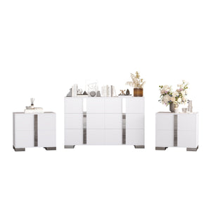 English Elm 3-Pieces Mirrored 6-Drawer Dresser and Two Nightstands with Sleek Metal Legs for Modern Living White 54.25 L x 20.75 W x 8.5 H N733S307938W