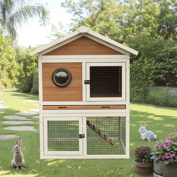 English Elm Premium Fir Wood Two Story Rabbit Hutch Weatherproof Outdoor Habitat with Run W1431P496484