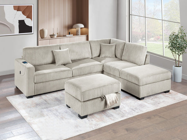 English Elm Camel Wide-Welt Corduroy Sectional Sofa Set with Reversible Chaise, USB & Storage Ottoman, Plush B011S01772