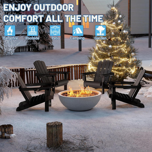 English Elm Adirondack Hdpe Folding Chair Set Outdoor Patio Fire Pit Seating with Cup Holder Black W1859P453299