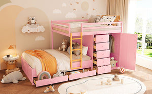 English Elm Full Size Bunk Bed with Integrated Drawers Wardrobe Mdf Solid Wood Kids Storage Pink LT000463AAH