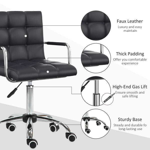 English Elm HOMCOM PU Leather Office Chair with Mid-Back Support, Adjustable Height, 360° Swivel Wheels, Black W2225P173830