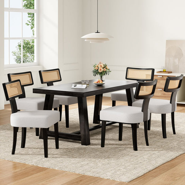 English Elm Upholstered Armless Dining Chairs with Rattan Back Hardwood Frame French Country Set of 2 Beige+Black T3623P411725