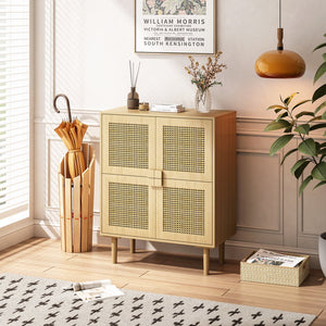 English Elm 4-Doors Rattan Mesh Storage Cabinet with Solid Wood Legs and Adjustable Shelves for Stylish Organization Natural W757P198553