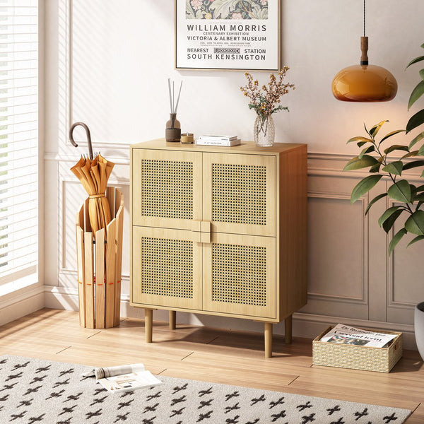 English Elm 4-Doors Rattan Mesh Storage Cabinet with Solid Wood Legs and Adjustable Shelves for Stylish Organization Natural W757P198553