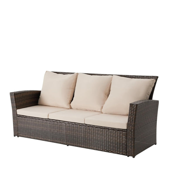 English Elm 67.7" Outdoor Wicker Three Seat Sofa High Back Pe Frame Patio Lounge Furniture Beige B082P455183