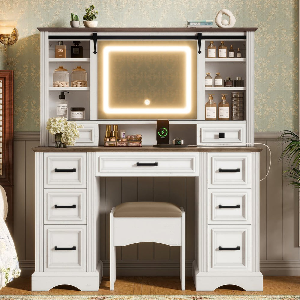 English Elm 47.2" Farmhouse Vanity Desk with Led Mirror Sliding Storage Stool 9 Drawers Oak White N704G202304A