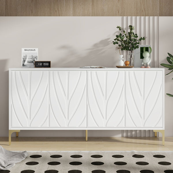 English Elm Creative Carved 4-Door Sideboard with Push-to-Open Design, MDF & Solid Wood Buffet Cabinet White W2696P279975