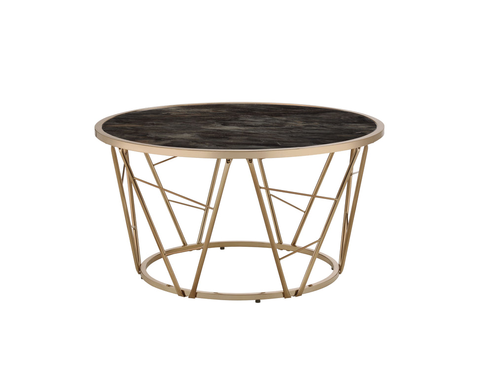 English Elm Cicatrix Round Glass Top Coffee Table with Champagne Metal Cone Base and Faux Black Marble Accent B2726P281465