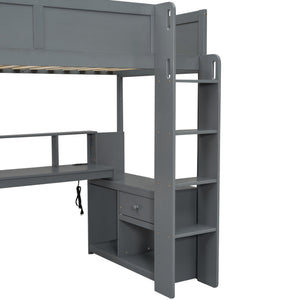 English Elm Wood Twin Loft Bed with Desk Led Lighting Charging Ports and Multi-zone Storage SM000373AAE