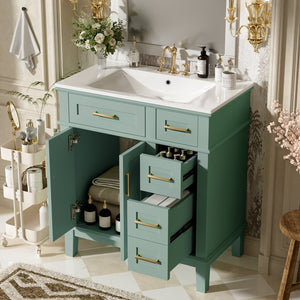 English Elm 30" Freestanding Bathroom Vanity Ceramic Sink Soft Close Cabinet Gray Wood Frame Light Green N729P427118F