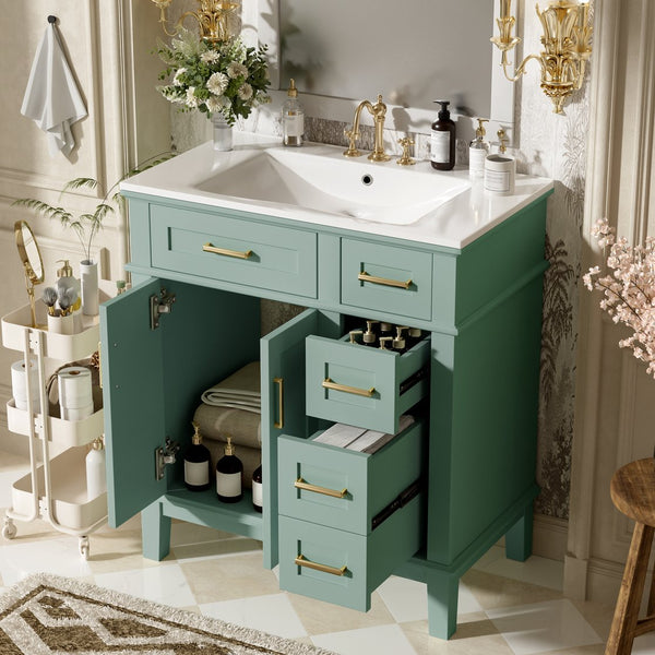English Elm 30" Freestanding Bathroom Vanity Ceramic Sink Soft Close Cabinet Gray Wood Frame Light Green N729P427118F