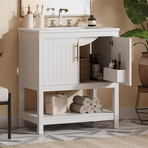 English Elm 30-Inch White Bathroom Vanity With Ceramic Sink - Stylish Storage Solution For Small Spaces! WF325888AAK