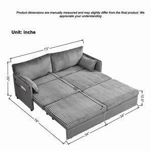 English Elm 73"convertible Corduroy Sleeper Sofa with Usb Port and Side Pocket for Studio Apartments Grey W3373P405036