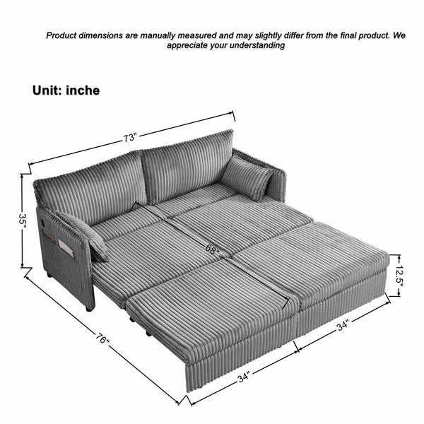 English Elm 73"convertible Corduroy Sleeper Sofa with Usb Port and Side Pocket for Studio Apartments Grey W3373P405036