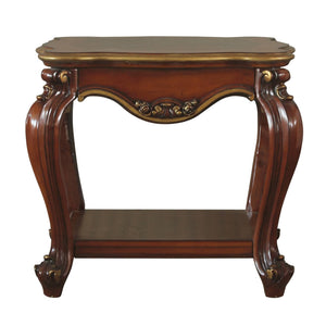 English Elm Honey Oak Scalloped Top End Table with Queen Anne Legs and Bottom Shelf — Classic Wood Veneer Accent B062P209105