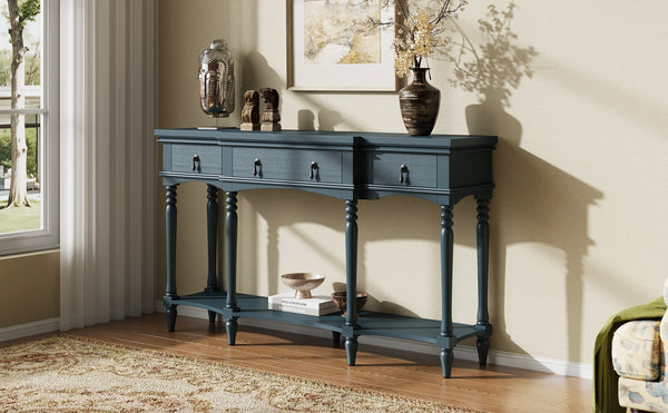 English Elm [video] Solid Pine Console Table Ornate Carved Legs Copper Hardware Soft-close Drawers Blue N759P433566C