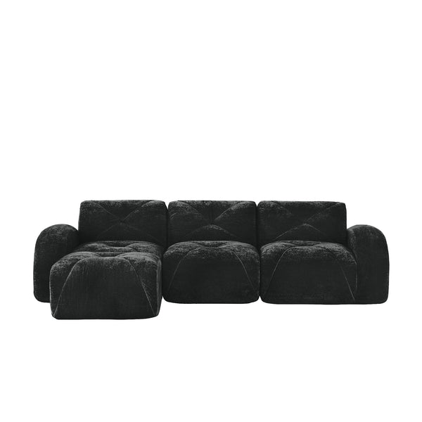 English Elm L-shaped Velvet Sectional Sofa Tufted Modular Seating with Ottoman for Living Room Black W714S01627