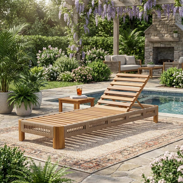 English Elm Acacia Solid Wood Outdoor Chaise Lounge with Rope Panels and Adjustable Reclining Back N767P369236T