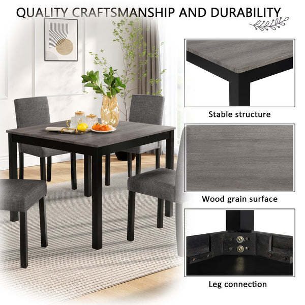 English Elm 5-Piece Stylish Dining Table Set For 4 With Upholstered Chairs, Light Grey & Black, Modern Design W1998P195207