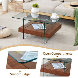 English Elm 31.4 Modern Two-Tier Square Coffee Table with Tempered Glass Top & Walnut Shelf — Stylish Storage W1512P407505