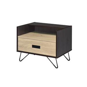 English Elm Oak Modern Oak and Black Nightstand with Drawer, Open Shelf & Metal Legs, Smooth Glide Storage B062P181411