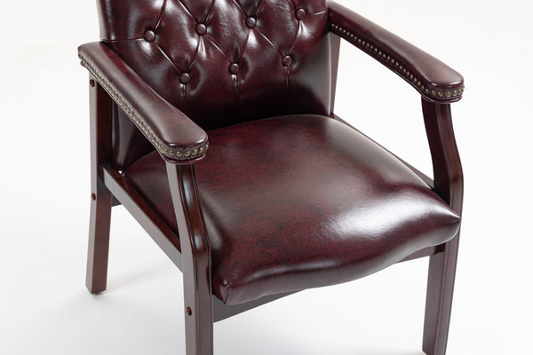 English Elm Leather Reception Guest Chair Burgundy Tufted Mid-Back with Padded Arms Seat 275lb Capacity, Elegant Mahogany Finish W1333P338901