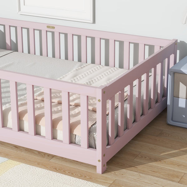 English Elm Twin Low Profile Rubberwood Floor Bed with Full Safety Fence for Toddler Rooms Pink W504P429338