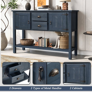 English Elm 46'' Solid Pine Retro Buffet Server with Iron Hardware Drawers Cabinets and Open Shelf Navy Blue W1202P457252