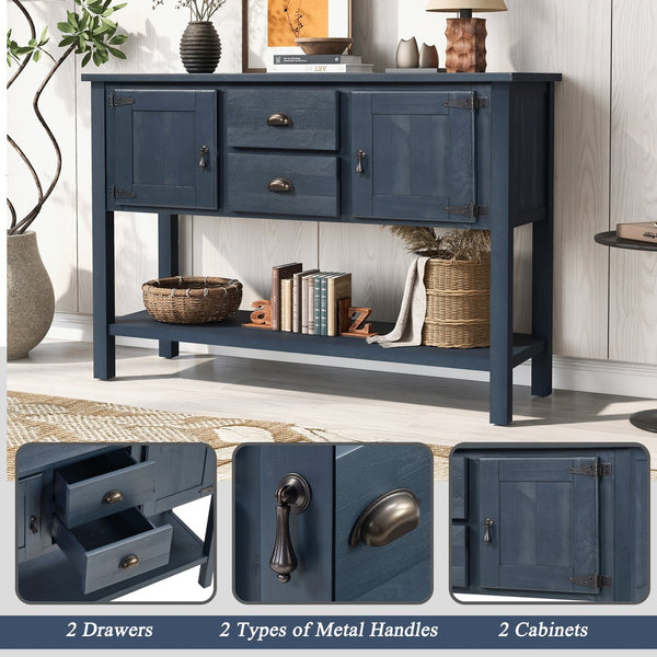 English Elm 46'' Solid Pine Retro Buffet Server with Iron Hardware Drawers Cabinets and Open Shelf Navy Blue W1202P457252