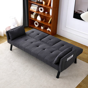 English Elm 70-inch Foldable Cotton Linen Sofa Bed with Cup Holder & Side Storage, Space-Saving 2-Seater Design DARK GREY W3371P337199