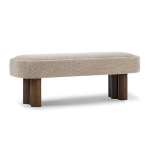 English Elm Indoor Boucle Upholstered Bench with Walnut Legs Textured Khaki Dining Seating N779P390675K