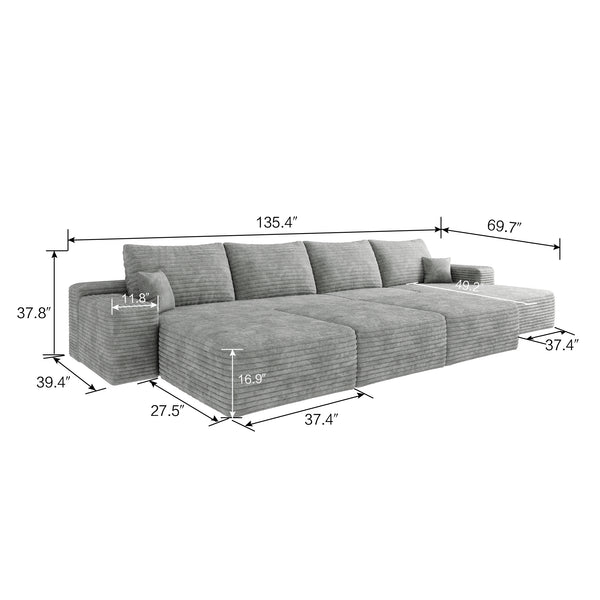 English Elm 135"Large Modular Cloud Sofa - 6-Seater Plush Corduroy Sofa Bed, No Assembly, Cozy & Versatile! W2824S00051