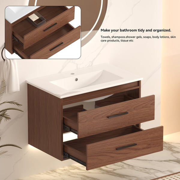 English Elm 30" Wall Mounted Bathroom Vanity Reddish Brown Mdf Two Soft Close Drawer Ceramic Sink W3133S00021