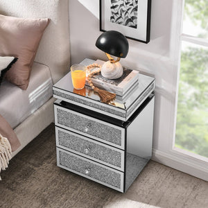 English Elm Mirrored Three Drawer Nightstand with Crystal Diamond Inlay Glam Bedside Storage W1005P248529