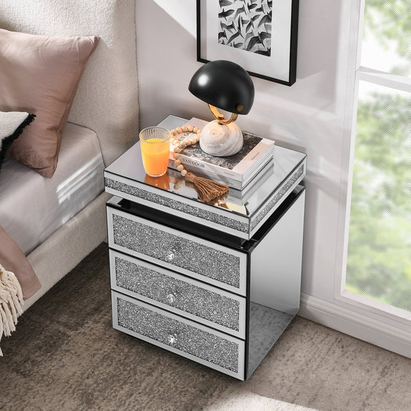 English Elm Mirrored Three Drawer Nightstand with Crystal Diamond Inlay Glam Bedside Storage W1005P248529