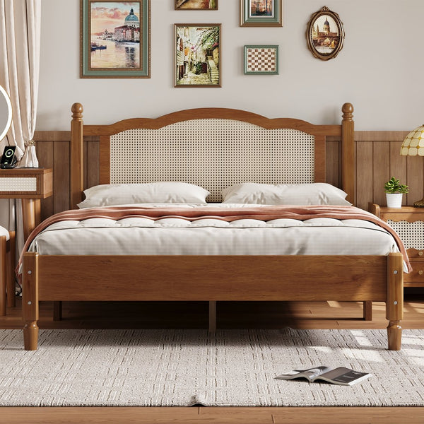 English Elm Queen Arched Rattan Headboard Platform Bed Matte Pine Frame No Box Spring Needed Walnut N733P180013D