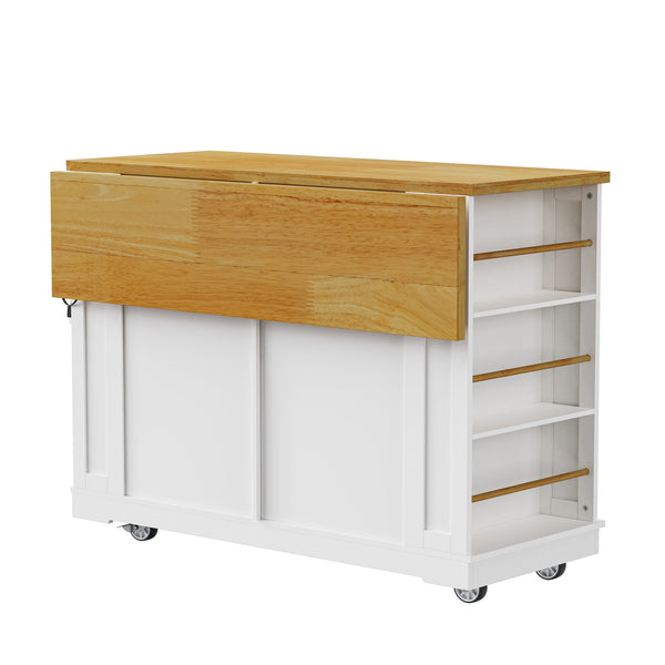 English Elm K&K 48 Inch Kitchen Island Cart with Drop Leaf, Built-In Power Station, Adjustable Shelves & Wheels White N707P257057W
