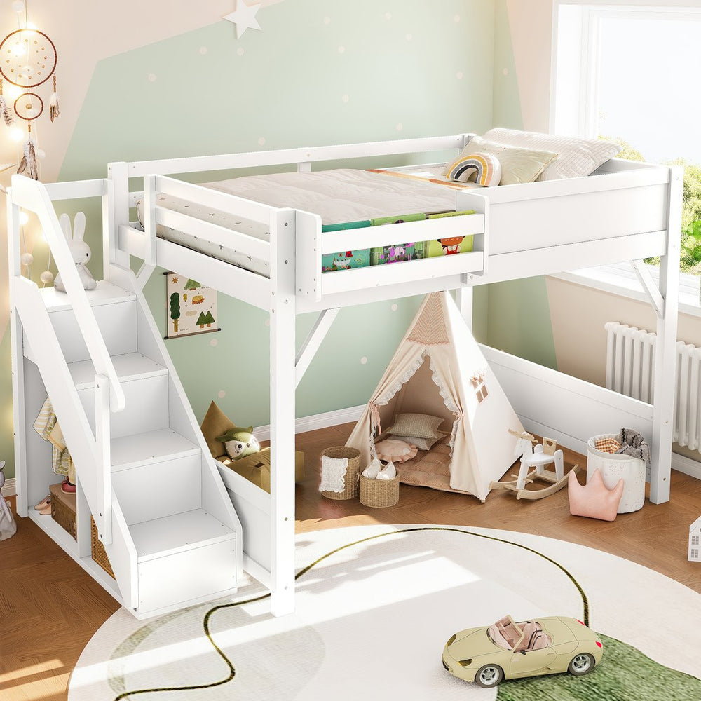 English Elm Twin Low Loft Bed Solid Pine Frame Kids Study Desk Blackboard Storage White Light White W1580S00468