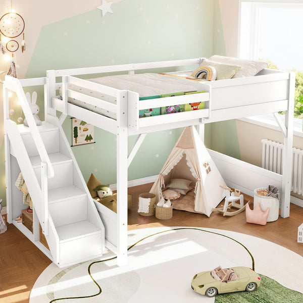English Elm Twin Low Loft Bed Solid Pine Frame Kids Study Desk Blackboard Storage White Light White W1580S00468