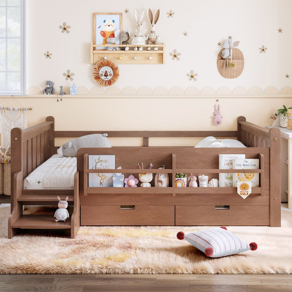 English Elm Twin Kids Platform Bed with Trundle Staircase Bookshelf and Rounded Safety Rails Natural W1580S00540