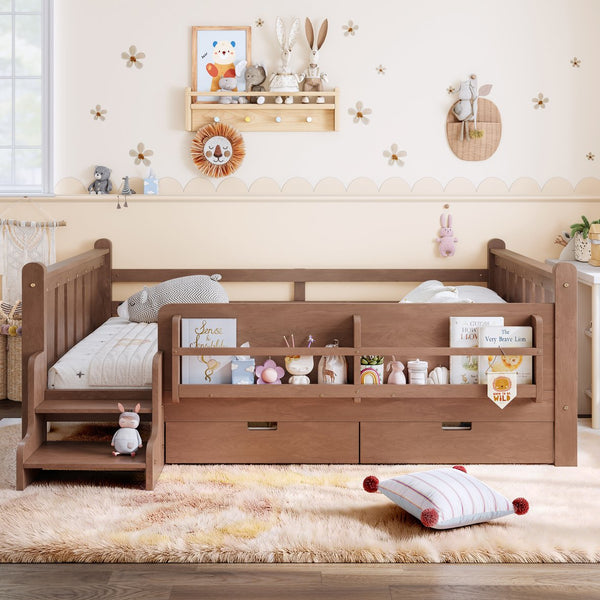 English Elm Twin Kids Platform Bed with Trundle Staircase Bookshelf and Rounded Safety Rails Natural W1580S00540