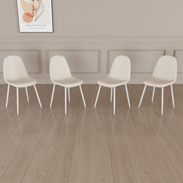 English Elm Dining Chair Set of 4 Beige Linen Upholstered Spoon-Shape Seats with White Metal Legs, Mid-Century Modern Comfort and Floor-Protecting Pads W2189P190477