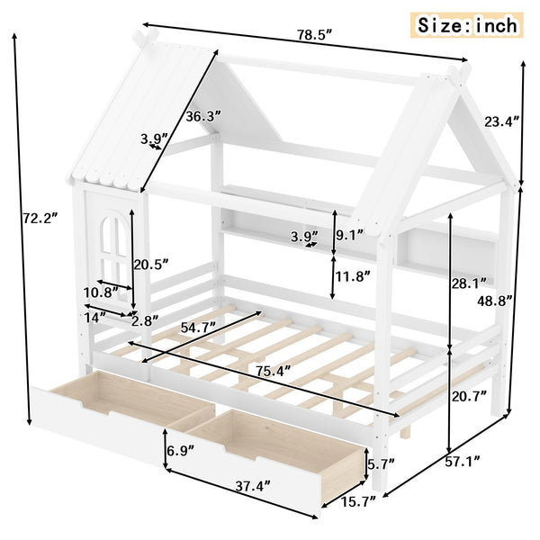 English Elm Full House Solid Wood Platform Bed with Window Roof, Under-Bed Drawers & Shelves for Kids' Rooms Light White W1580S00267