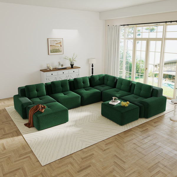English Elm Modular Corduroy Sectional Sofa 6 Seat V Shaped Corner Couch with Ottomans Living Room Green W714S01584