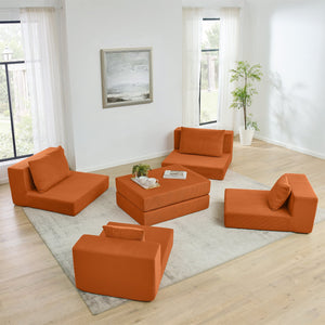 English Elm Modular Cloud Sectional Sofa with Corduroy Upholstery, Deep-Seat Sleeper Loveseat, Removable Ottoman, No-Assembly Comfort and Customizable Configuration Orange W1117P357547