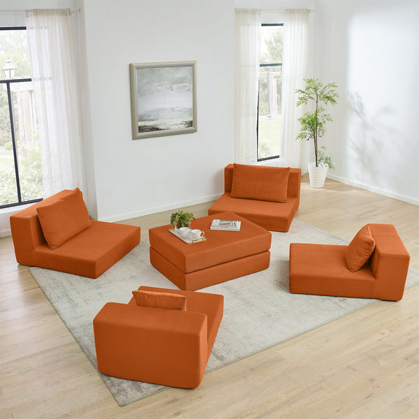 English Elm Modular Cloud Sectional Sofa with Corduroy Upholstery, Deep-Seat Sleeper Loveseat, Removable Ottoman, No-Assembly Comfort and Customizable Configuration Orange W1117P357547