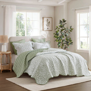 English Elm 3-piece King Quilt Set Scalloped Hem Microfiber Bedding for Master or Guest Room Sage Green B035P482950