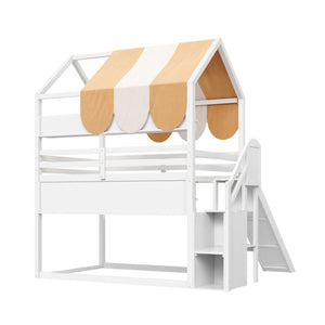 English Elm Full Size Wood Loft Bed with Canopy Slide and Built in Bookshelves for Kids White N7090005021K