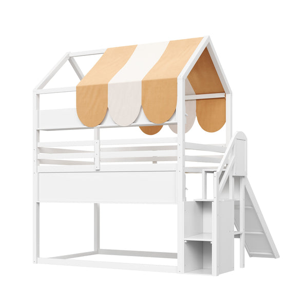 English Elm Full Size Wood Loft Bed with Canopy Slide and Built in Bookshelves for Kids White N7090005021K